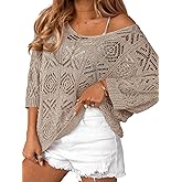 Saodimallsu Womens Crochet Cover Up Top Summer 3/4 Sleeve Off Shoulder Sweater Shirts Mesh Boho Beach Swimsuit Coverup