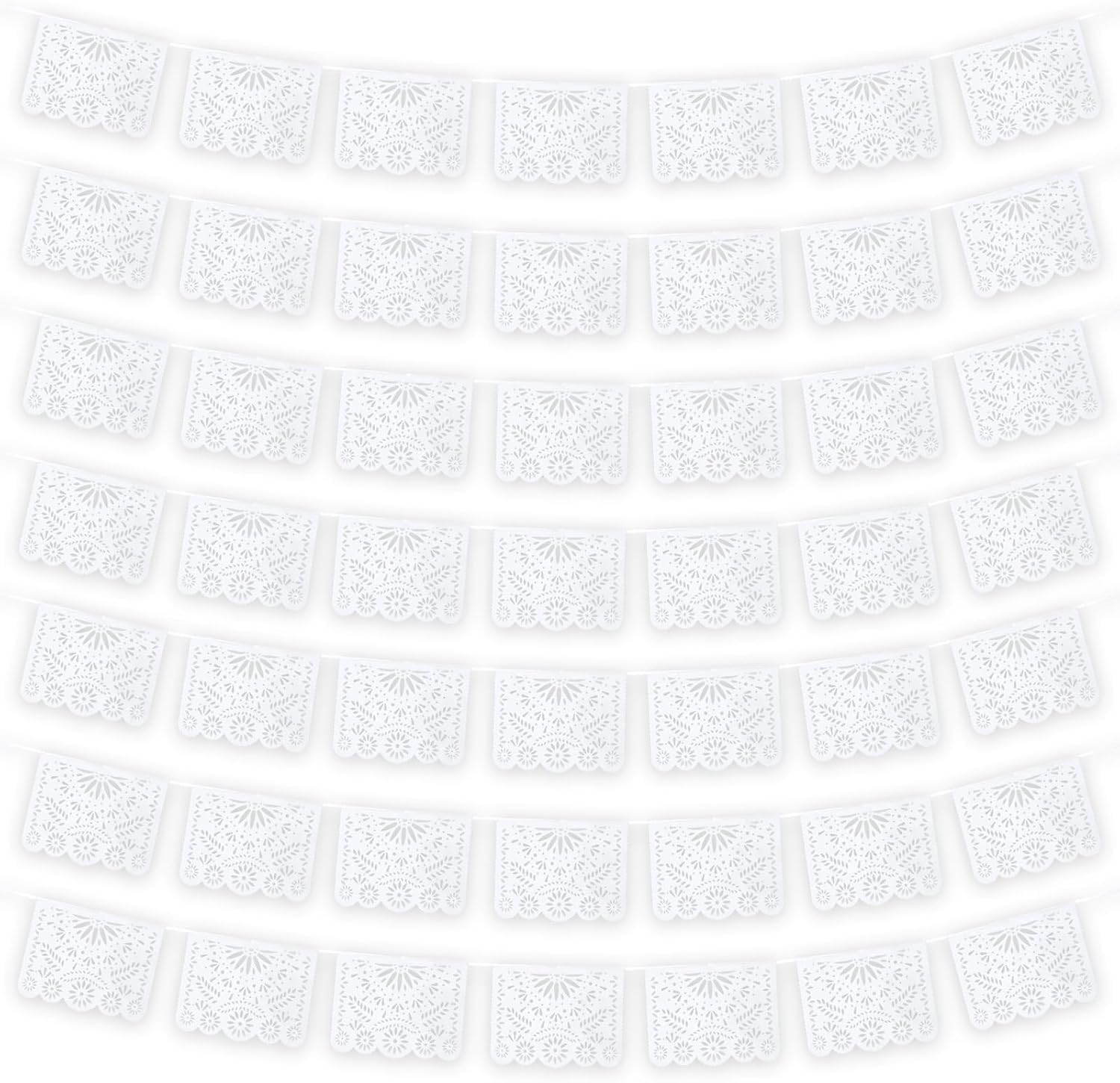Photo 1 of MARFOREVER 60 Ft White Papel Picado Banner, 4 Pack Cinco De Mayo Plastic Mexican Flag Banner Fiesta Party Decoration Mexico Wedding Decor Baby Shower, Dia de Los Muertos, Cielito Lindo Theme Decor