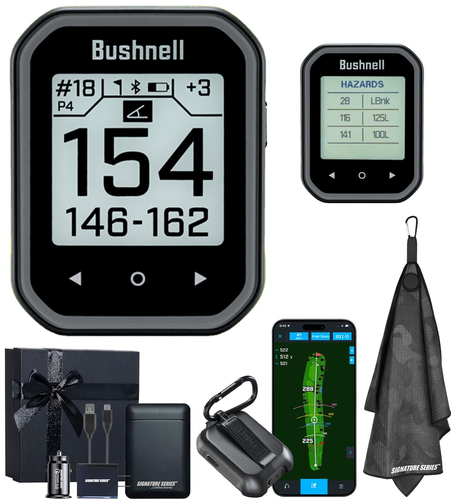 Bushnell Golf Phantom 3 Slope GPS Handlheld (Black) | 38,000+ Courses, Slope Compensation, Hazard Info, Distance Calculator, Scorekeeping, Magnet Mount, Touchscreen | Signature Series Gift Bundle