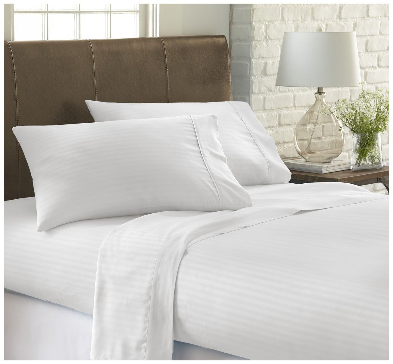 ienjoy Home Embossed 4 Piece Bedding Sheet Set, Queen, Stripe White Bed Set