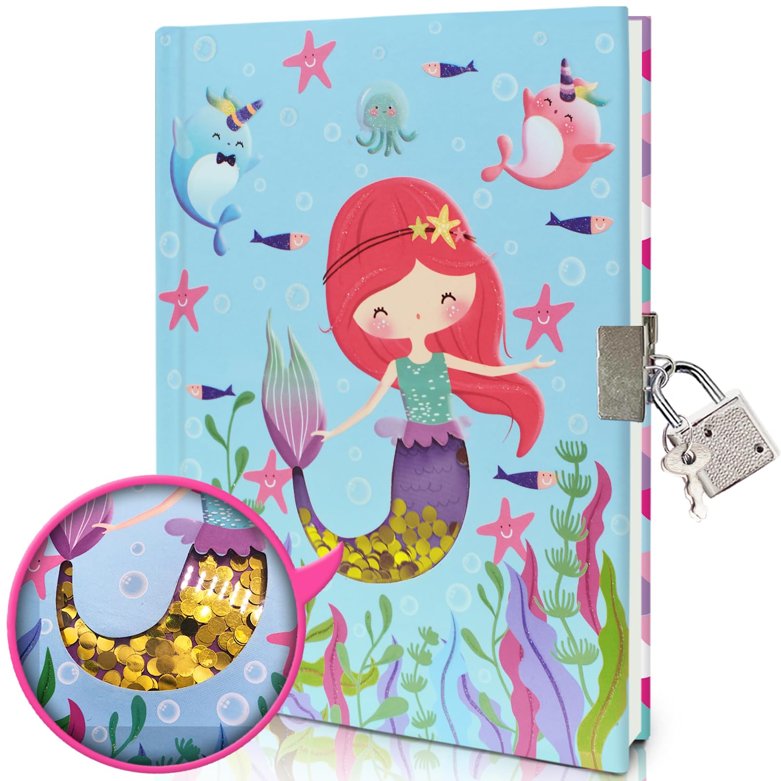 GINMLYDA Mermaid Secret Diary for Girls, 7x5.25 Inches 160 Lined Pages Shakable Sequin Kids Diary with Lock Blue Journal for Girls Gifts Cute Notebook for Birthday Presents Toys 5 6 7 8 9 10 Year Old