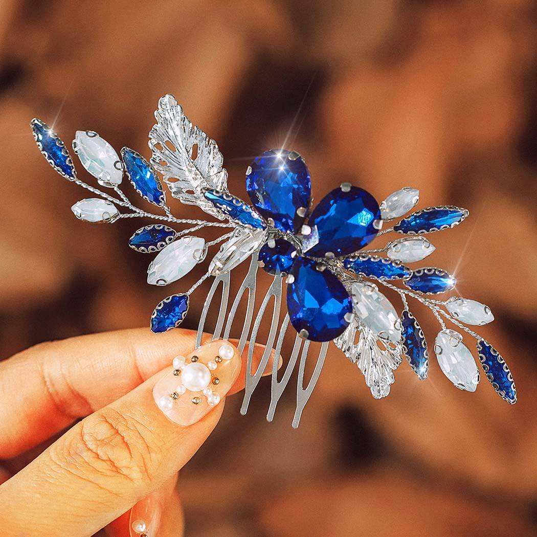 IYOU Bridal Wedding Hair Comb Crystal Blue Headpiece Rhinestone Hair Accessories Prom Bride Wedding Side Combs for Women