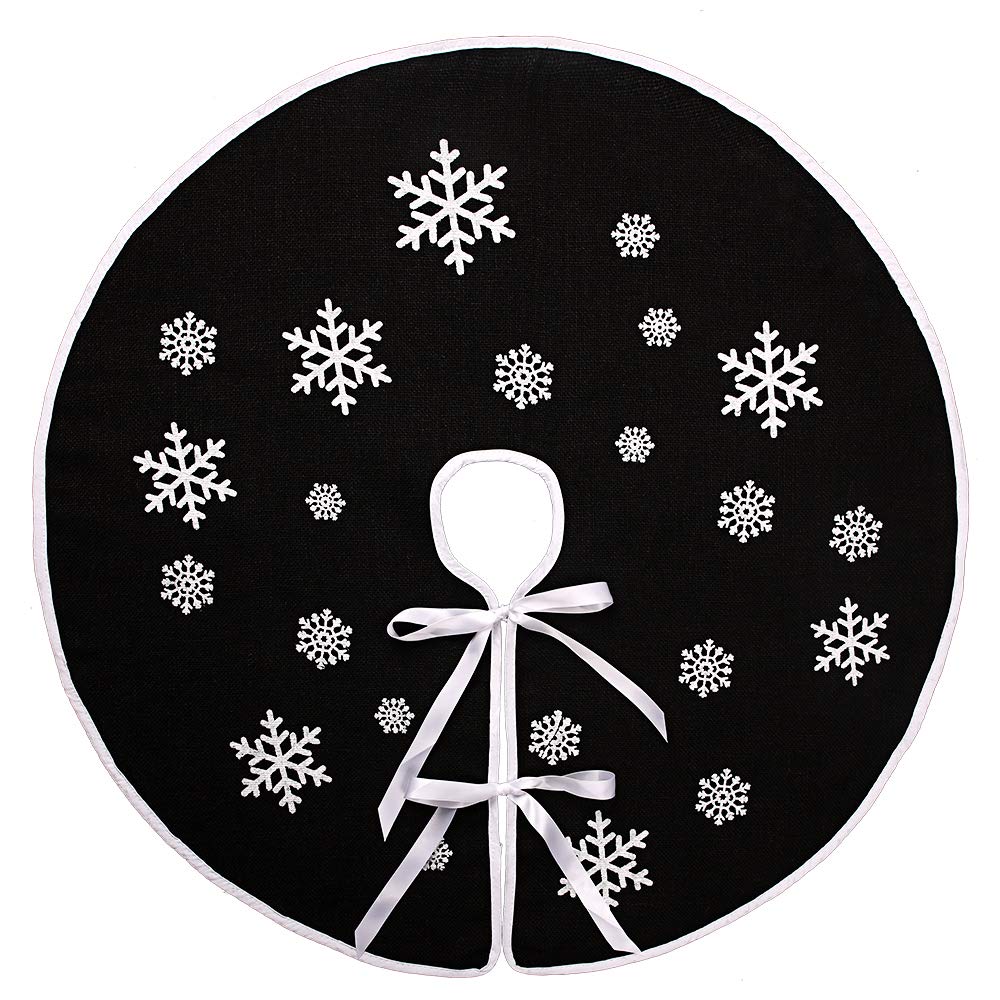 N&T NIETING Christmas Tree Skirt, 36 Inches White Snowflake Printed Black Rustic Burlap Tree Skirt, Farmhouse Xmas Tree Holiday Decorations