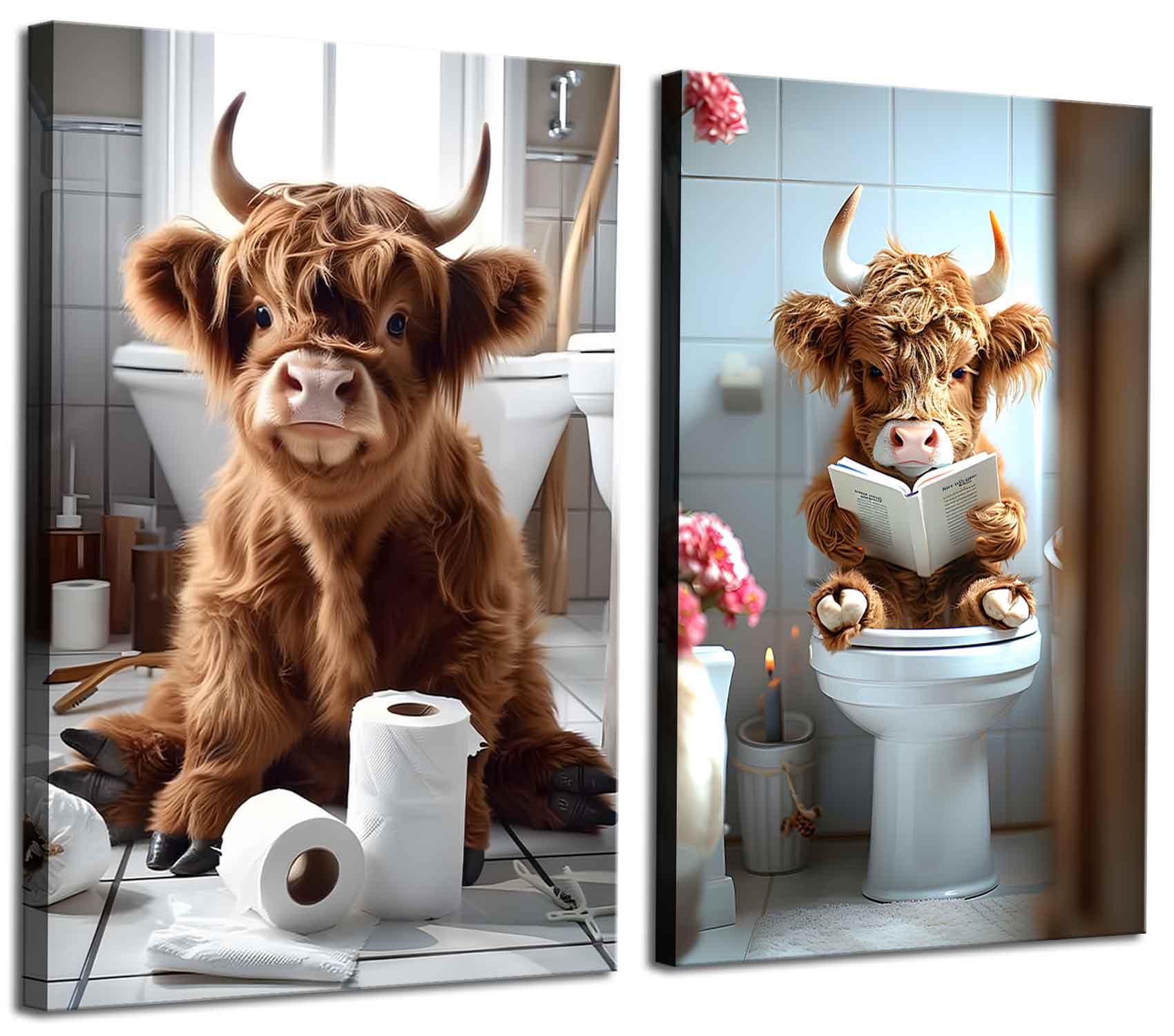 Photo 1 of ZYGARTEQ 2Pcs Funny Highland Cow Bathroom Canvas Wall Art Cute Cow in Toilet Wall Decor Pictures Humor Animals Bathroom Artwork Prints 12x16in