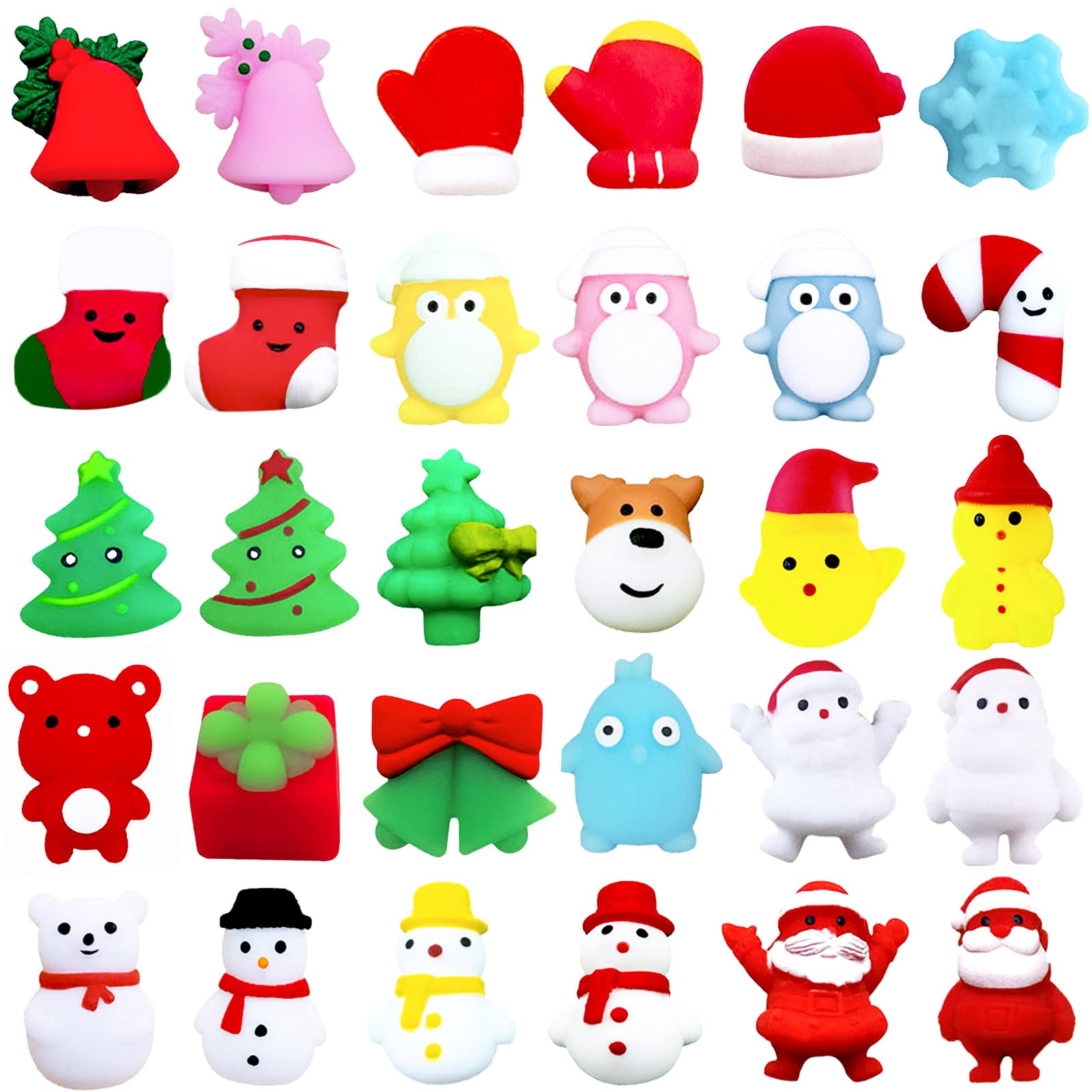 30Pcs Christmas Mochi Squishy Toys,Christmas Mini Kawaii Moji,Xmas Squeeze Soft Fidget Toys Include Santa Snowman Xmas Tree for XmasParty Bags Fillers Girls Boys Treats Party Favors Gifts