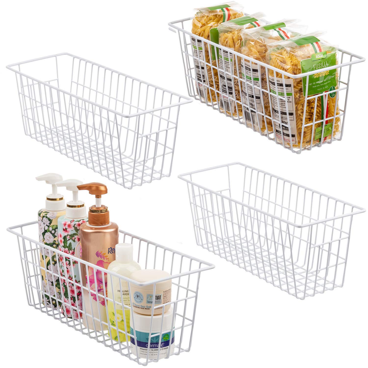 iPEGTOP Metal Wire Food Storage Organizer Bin Basket with Handles. Narrow Kitchen Refrigerator Storage Basket for Kitchen Cabinets, Pantry, Bathroom, Laundry Room, Closets, Garage, 4 Pack, White