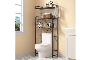 Huhote Over-The-Toilet Storage Rack with 3-Tier Shelves, Space Saver Toilet Shelf, Bathroom Storage Organizer with Hooks for Over-Toilet Storage (Black)