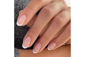 modelones French Tip Press On Nails, Short Oval Fake Nails Press Ons with Nail Glue, Adhesive Tabs, Nail File, Prep Pad, Manicure Stick, 32Pcs 16 Sizes, Nude, Christmas