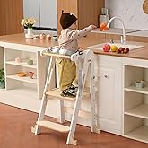 Kids Kitchen Step Stool, Foldable Toddler Tower, Height Adjustable Toddler Standing Tower with Safty Rail and Anti-Slip Device, Wooden Stool for 1.5-6 Years(White Wood)