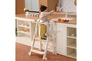 JPMKPD Kids Kitchen Step Stool, Foldable Toddler Tower, Height Adjustable Toddler Standing Tower with Safty Rail and Anti-Slip Device, Wooden Stool for 1.5-6 Years(White Wood)