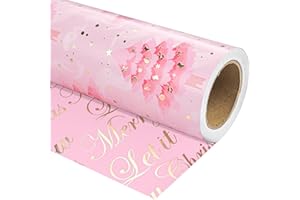 Dlyrroba Reversible Pink Christmas Wrapping Paper Roll - Watercolor Pink Gold Xmas Metallic Foil Gift Wrap with Trees, Merry 