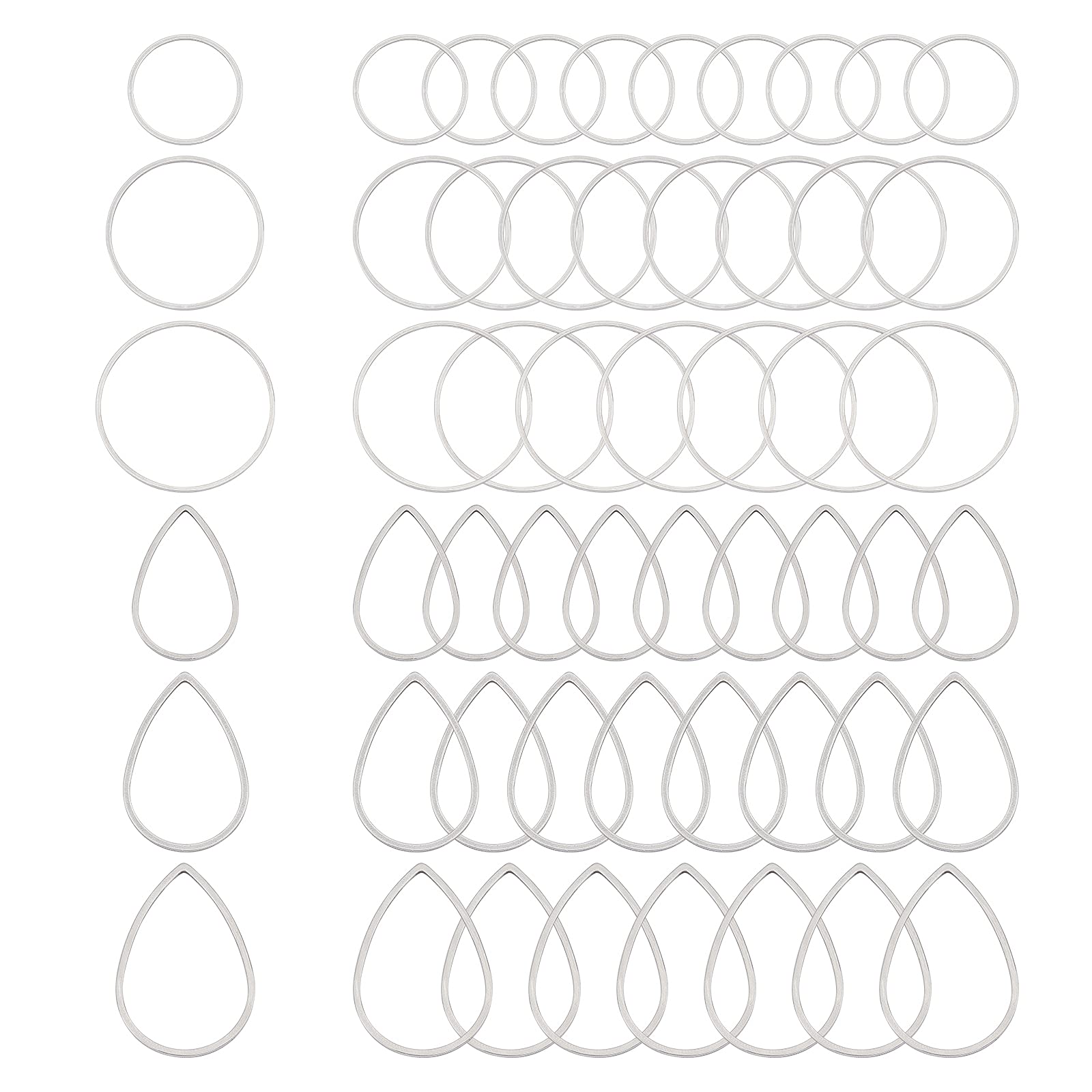 UNICRAFTALE 60pcs 3 Sizes Linking Rings 304 Stainless Steel Ring & Teardrop Connectors Mixed Shapes Frames Connectors Metal Jewelry Links for Jewelry Making, Stainless Steel Color