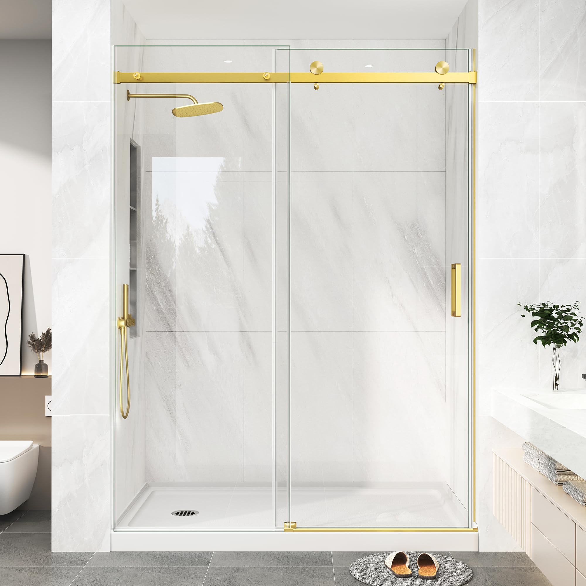 Photo 1 of KPUY Frameless Shower Door, 43-48" W x 76" H Sliding Glass Shower Door, 1/4" (6mm) Thick Tempered Clear Glass with Explosion-Proof Film Nano Coating in Brushed Gold Finish