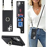 Lipvina for Samsung Galaxy S22 Ultra Case with Card Holder and Strap for Women,Crossbody Lanyard,Ring Stand,Snap Clasp,Phone Wallet Cases 6.8 inch(Black)