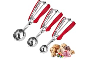 Cookie Scoop,Ice Cream Scoop,3PCS Stainless Steel 1/2 /3 Tablespoon Cookie Scoop,Red Rubber Grips Design,Durable and Effortle