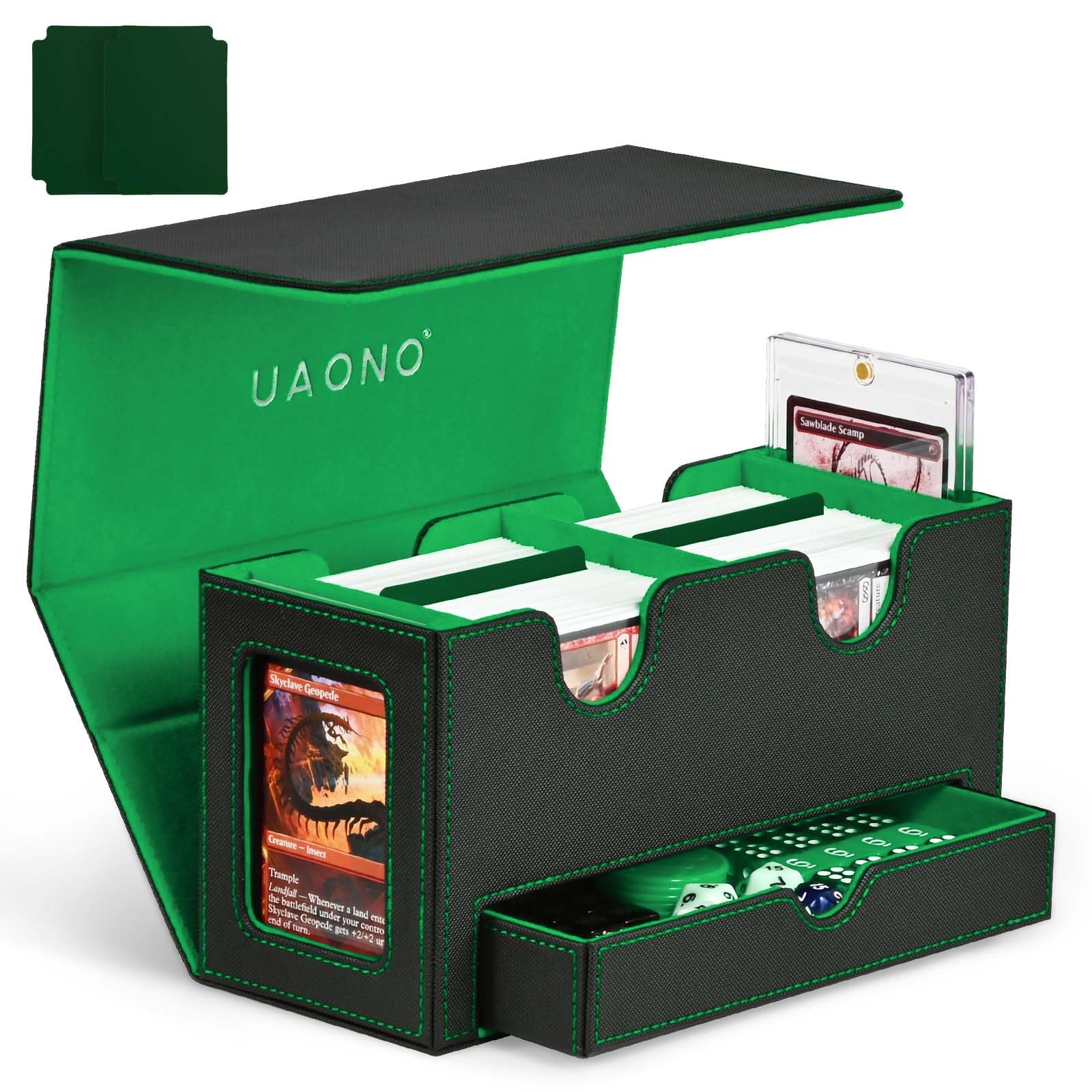 UAONO MTG Deck Box with 2 Commander Display and Dice Tray-Patented Design, Double Deck Box for 250+ Single Sleeved Cards, Leather Magnetic Card Storage Box Fits for TCG CCG Magic Cards (Black&Green)