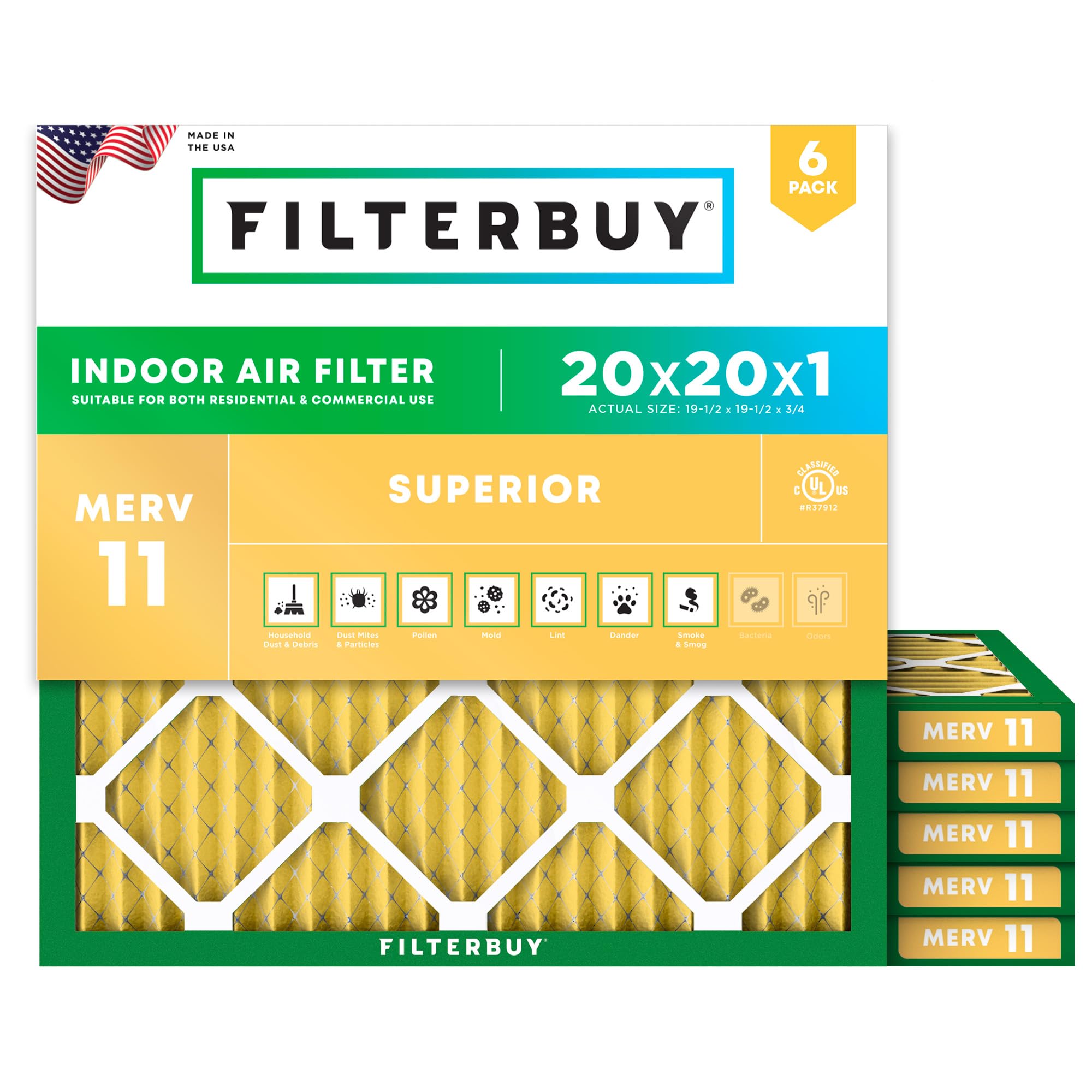 Filterbuy 20x20x1 Air Filter MERV 11 Superior Pet & Allergy Defense (6-Pack), Electrostatic Pleated HVAC AC Furnace Filters Replacement, Made in USA (Actual Size: 19.50 x 19.50 x 0.75) Image