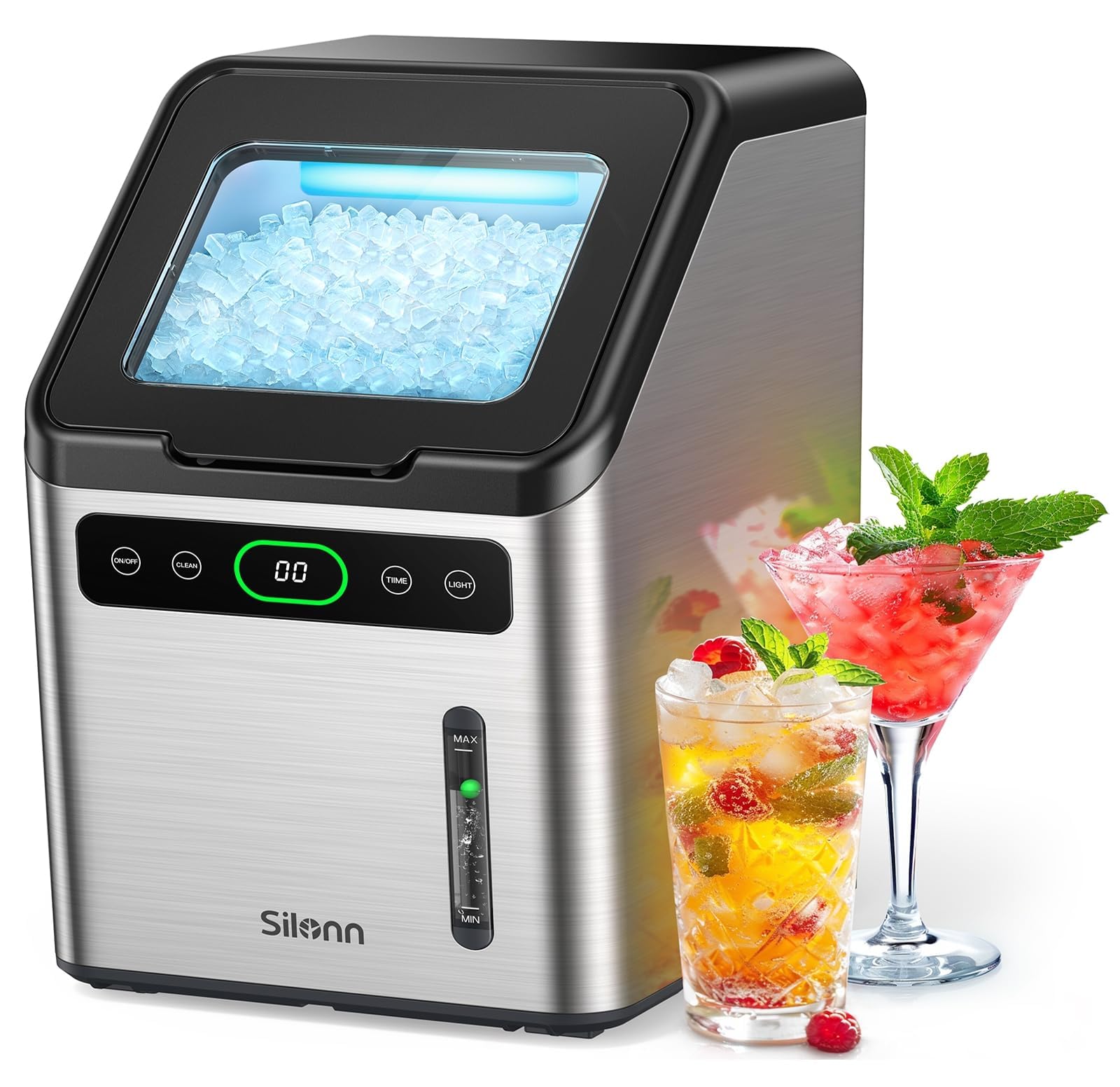 Photo 1 of Silonn Nugget Ice Makers Countertop - 44lbs per Day Ice Machine with Self-Cleaning, Timer Pebble Ice Maker with Soft Chewable Ice, One-Click Operation Ice Machine, Stainless Steel