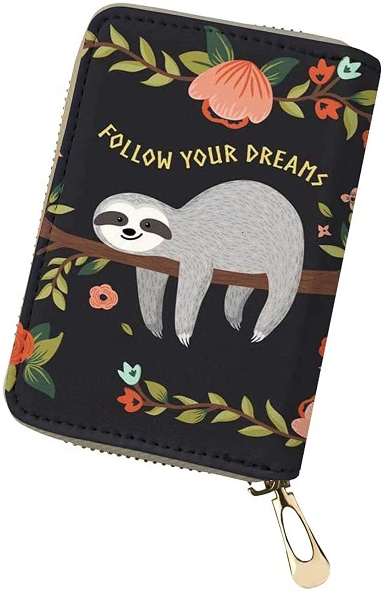 Poceacles Cartoon Sloth Print Cute PU Leather Credit Card Holder Protector Case, Zipper Holder Accordion Wallet ID Card Business Card Organzier Bag