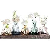Glasseam Glass Bud Vases for Flower: 5 Colorful Small Vases Set with Rustic Wooden Tray for Home Office Living Room Bathroom - Vintage Table Centerpieces for Birthdays Wedding Housewarming Gifts