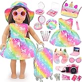 HAPGFS American 18 Inch Doll Accessories Travel Set Brilliant Colors Including Suitcase Luggage and Dress with Hat, Camera, Makeup Sets Dolls Travel Gear Play Set Gift for Birthday (NO Doll)