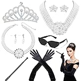 VZqola 8 Pcs 1920 Accessories Hepburn Costume Holly Golightly Costume Roaring 20s Accessories for Women Halloween Costume Pearl Necklace Earrings Gloves Sunglasses Flapper Party Cosplay Jewlery Set