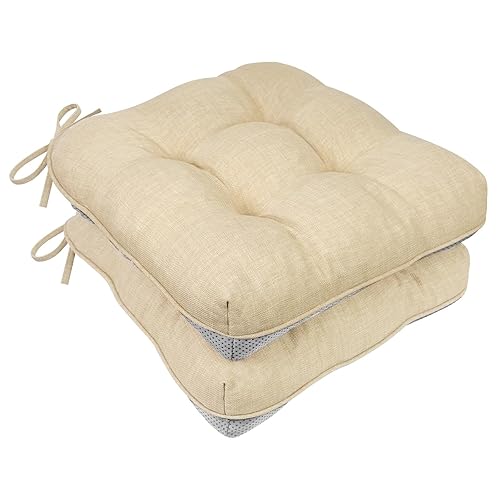 RuzRhyth Chair Cushions for Dining Chairs, Tufted Memory Foam Indoor Kitchen Chair Pads with Ties, Non-Slip Backing, Seat Cushions for Kitchen Chairs Set of 2, 16.5" x 16" x 4", Beige