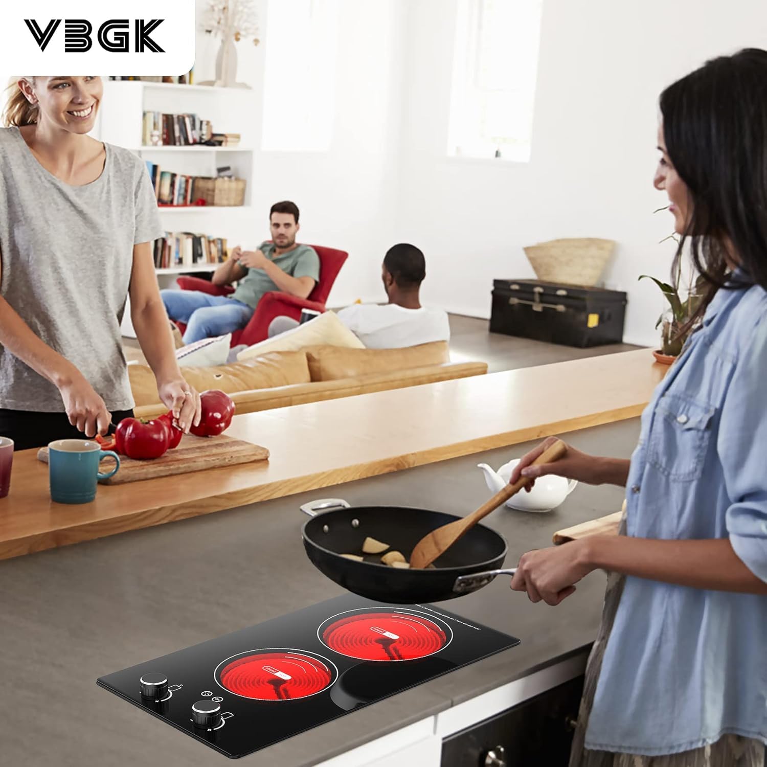 VBGK Electric Cooktop,110V 2100W Electric Stove Top with Knob Control,9 Power Levels, Kids Lock & Timer,LED touch control,Overheat Protection Electric stove,24 Inch desktop 2 burner