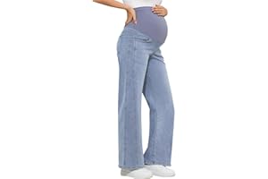 POSHGLAM Women's Maternity Jeans Wide Leg Side Seam 31'' Stretchy Comfy Pregnancy Denim Pants