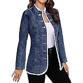 LifeShe Women's Denim Jacket Plus Size Double Breasted Button Raw Trim Jean Jackets Coat
