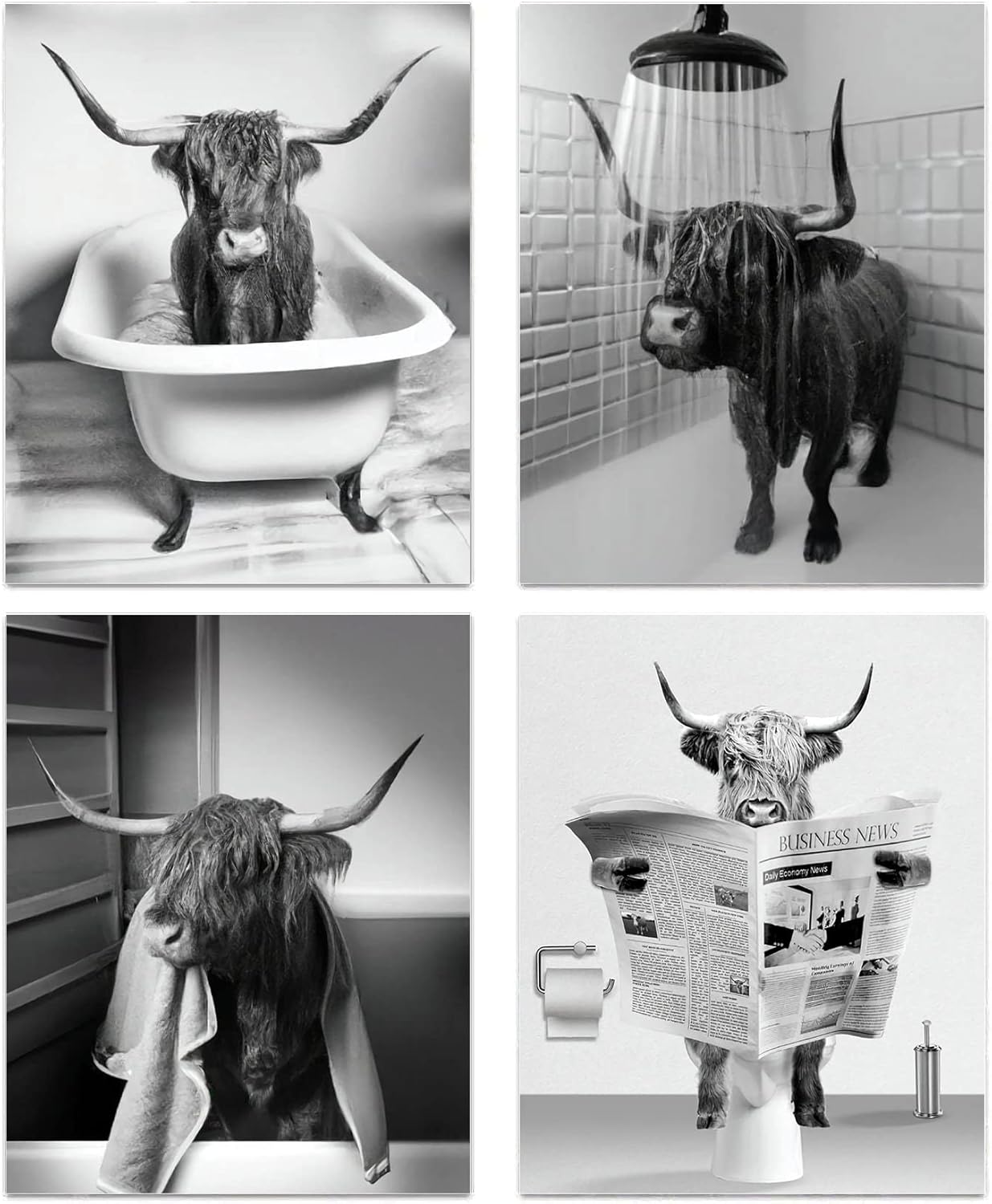 Wall Décor - Funny Highland Cow Bathroom Wall Art Prints, Vintage Black and White Rustic Style Cute Cow Canvas Art Poster for Restroom Decoration, Farmhouse Wall Decor, Set of 4(8