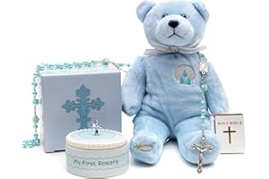 CASCADE GOODS My First Rosary Beads, Keepsake Box & Holy Prayer Bear Plush, Baptism Gifts for Boys - Christening Gifts for Boys includes Gift Box