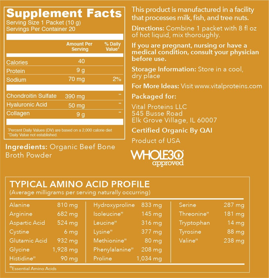 Vital Proteins Organic, GrassFed Beef Bone Broth Collagen Stick Packs (10g) (Box Of 20