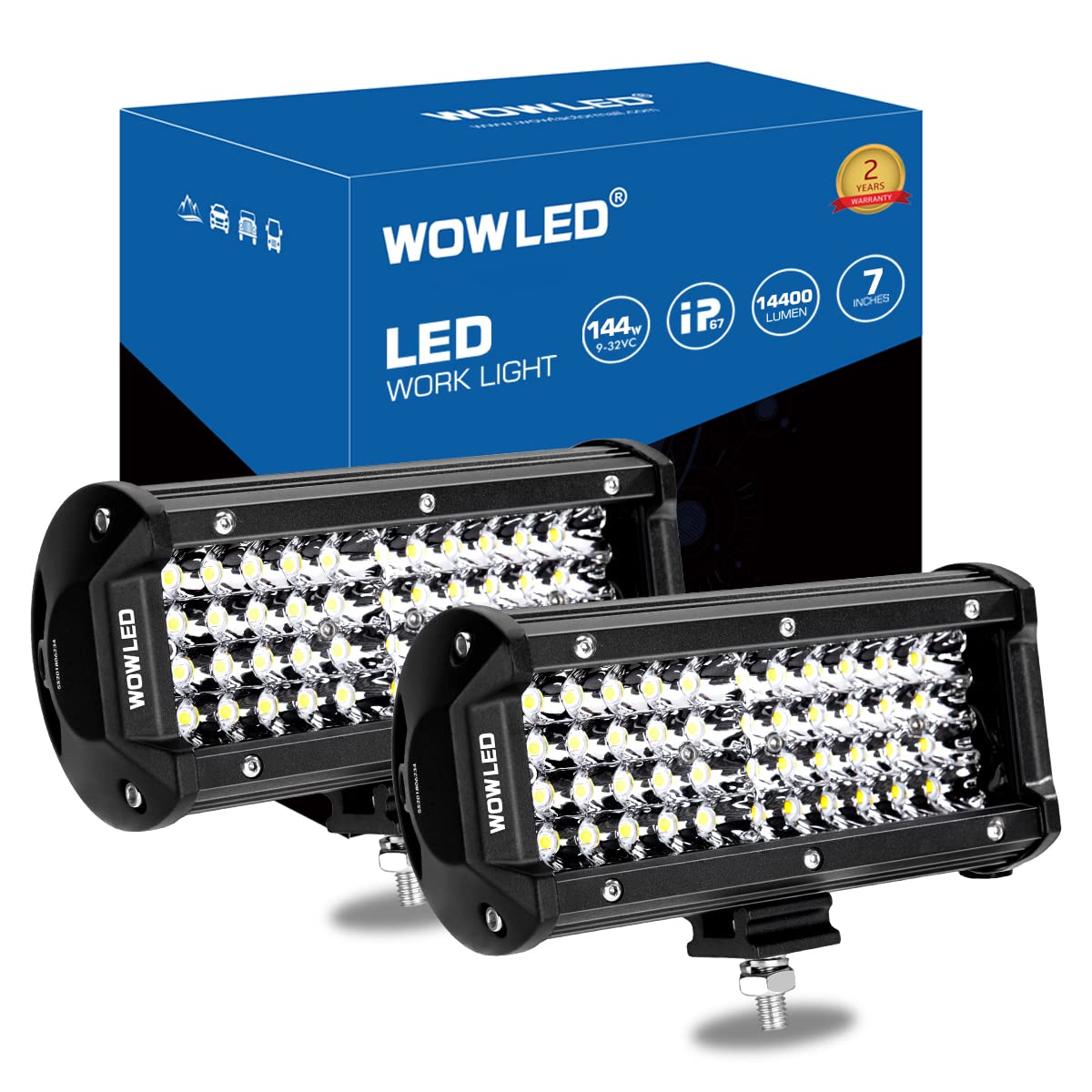 WOWLED Spot Work Lights, 2Pcs 7" 4 Rows LED 14400LM 6000K Waterproof Off Road Driving Lights for Camp Trucks 12V 24V