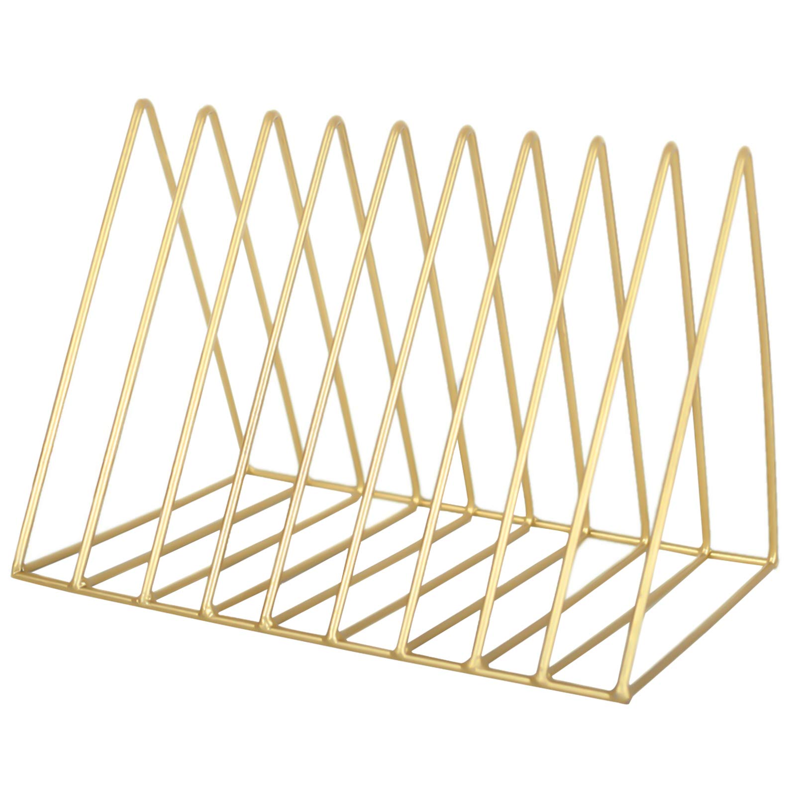 Jinlaili Desktop Magazine Rack, 9 Slots Triangle Book Holder Organiser Metal, Vinyl Record Rack standing, Document File Stand, Multifunctional Desk Organizer Rack for Document Newspapers CD, Gold