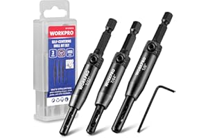 WORKPRO 3-Piece Self Centering Drill Bit Set, Durable HSS VIX Bit with Hex Key, 3/32”, 7/64”, 1/8” Center Drill Bits, 1/4 Inch Hex Shank for Precise Cabinet and Door Installation