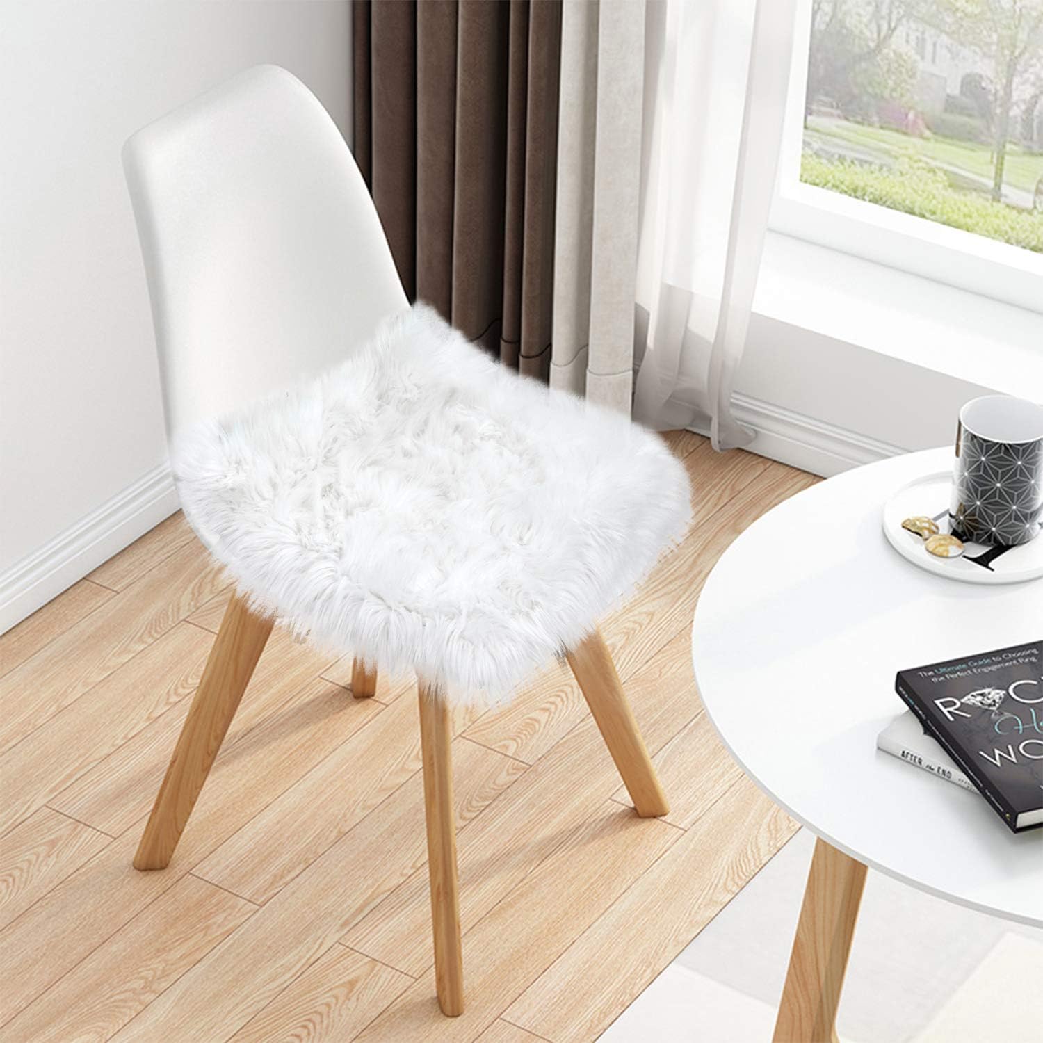 Noahas Faux Fur Sheepskin Silky Seat Cushion Home Decor Long Wool Area Rugs Carpet Soft Fluffy Plush Chair Seat Pads Universal Fit for Home Office Restaurant Chair, 1.6ft x 1.6ft, White: Home & Kitchen