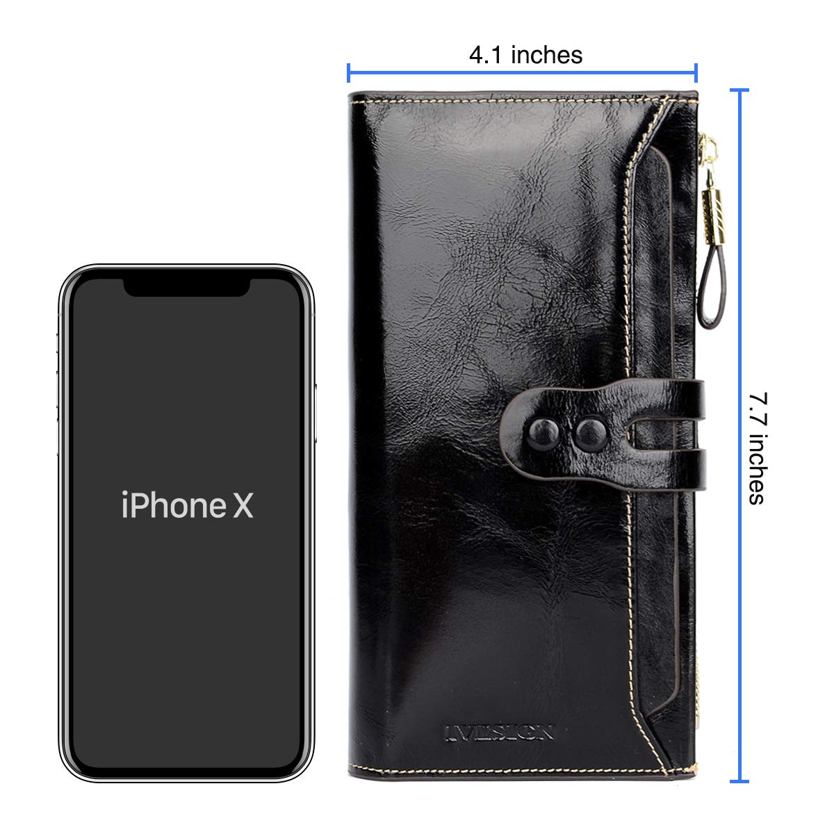 IVESIGN Womens Genuine Leather Wristlet Zipper Clutch Wallet RFID Blocking Credit Card Phone Holder Hand Purse Large Capacity (C-Black)