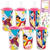 Disney Princess Reusable Tumbler Cup 6 Pack - Party Favor Bundle with 16 Oz Cups Featuring Ariel, Belle, Cinderella Plus Stickers, More | Bulk Disney Princess Water Tumblers