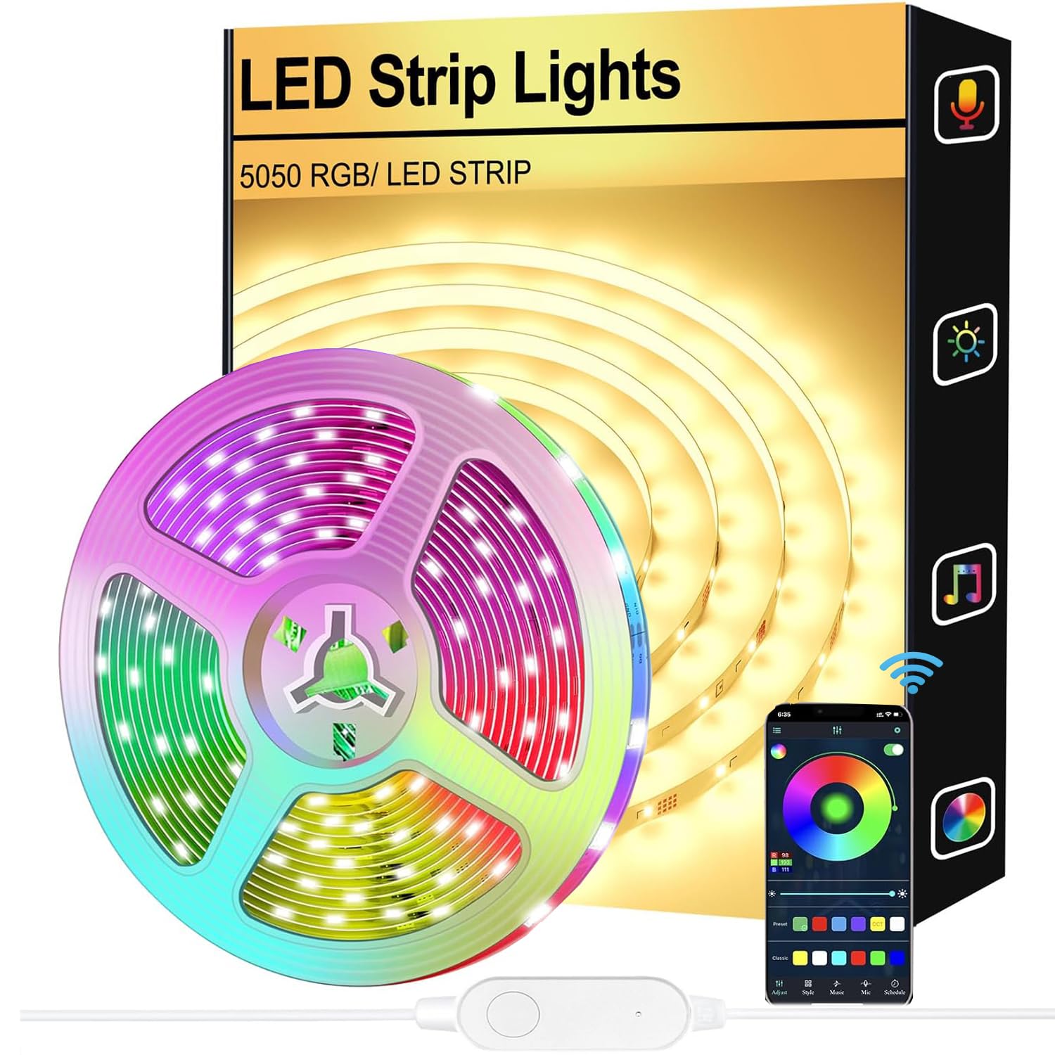 FUPT LED Strip Light 2M, 5050 RGB LED Strips, Music Sync Color Changing,Convenient Single Button Dimmable LED Lights for Bedroom, Living Room, TV, Kitchen,Party
