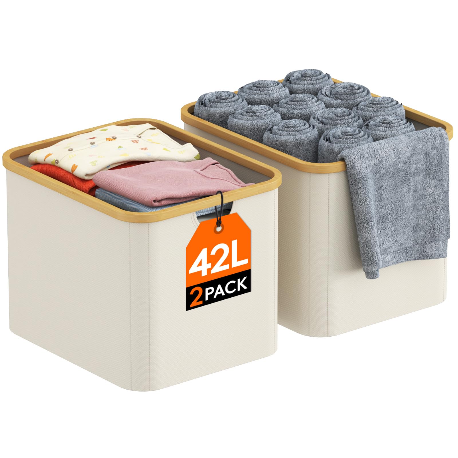 Photo 1 of Lifewit 42L Collapsible Storage Bin with Bamboo Handles, Foldable Storage Basket for Organizer, Storage Cubes for Closet and Shelves, Dorm, Laundry Room, Bedroom, White, 2 Pack