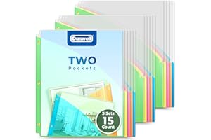 Dunwell Plastic Binder Pocket 3 Hole Punched (3 Sets, 15 Count) Slash File Jackets for 8.5x11 Paper, Project Sleeves for 3 Ring Binder, No Tab, 5 Color Dividers with Front & Back Pockets