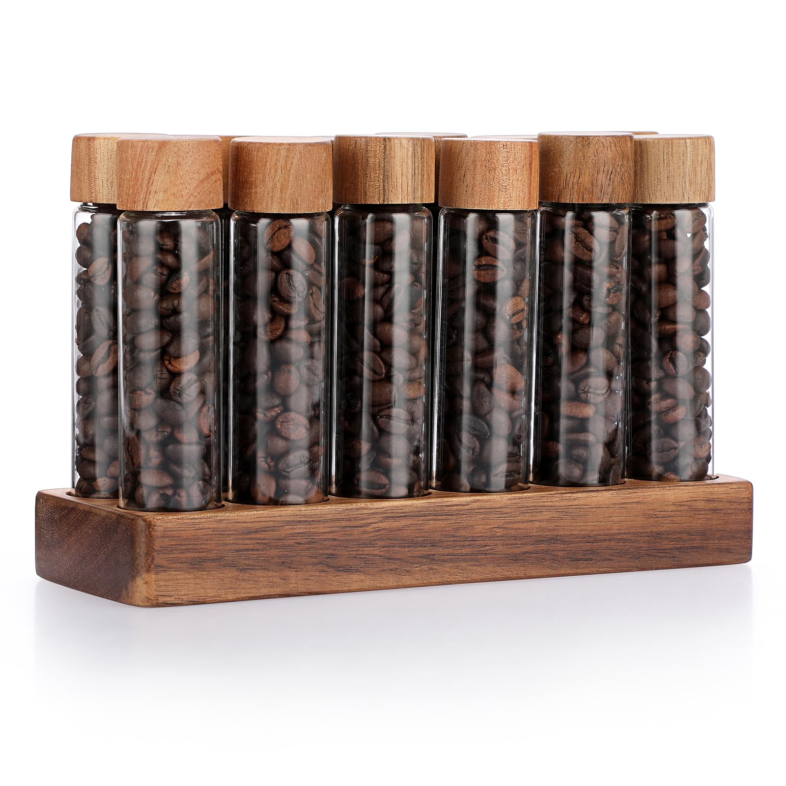 IGNPION Single Dose Coffee Bean Storage Tubes-20g Coffee Bean Cellar with Wooden Display Stand with 12pcs Tubes- Dosing Glass Vials With Lids for Cafe, Tea, Spices (60ml)