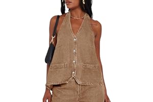 Tankaneo Womens Halter Denim Vest Tops Summer Open Back Y2K Going Out Tank Tops V Neck Button Down Jean Shirts