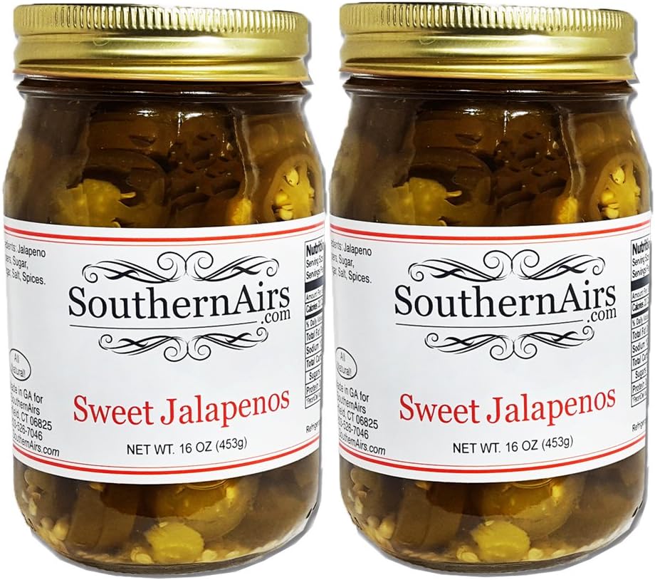 SouthernAirs Sweet & Hot Jalapeno Pickles / Bloody Mary favorite / all-natural popular garnish for drinks and snacks / 2 pack (2 16oz jars)