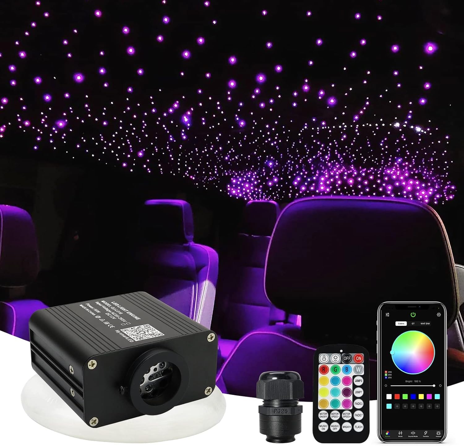 Callsky Updated 16W RGBW Fiber Optic Light Twinkle&Sound Activated Mixed 430pcs 9.8ft Cables APP Remote Music Control Car Home Starlight Headliner Star Ceiling Light Kit 0.03in 0.04in 0.06in Strands