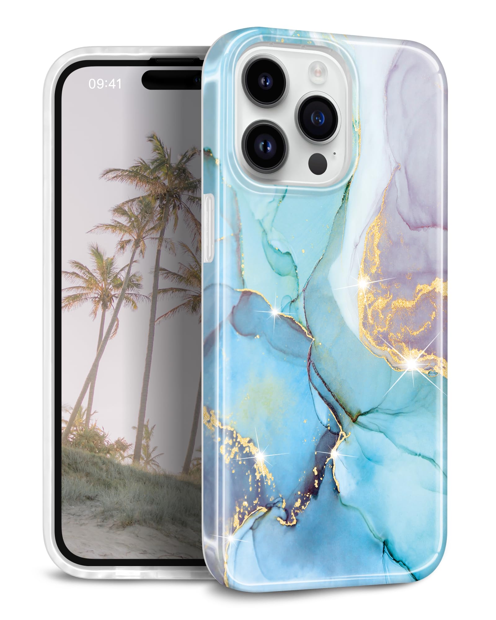 JIAXIUFEN Compatible with iPhone 15 Pro Case Gold Sparkle Glitter Marble Design Shockproof Protective Slim Soft TPU Silicone Cover Phone Case 6.1" 2023 Mint Purple