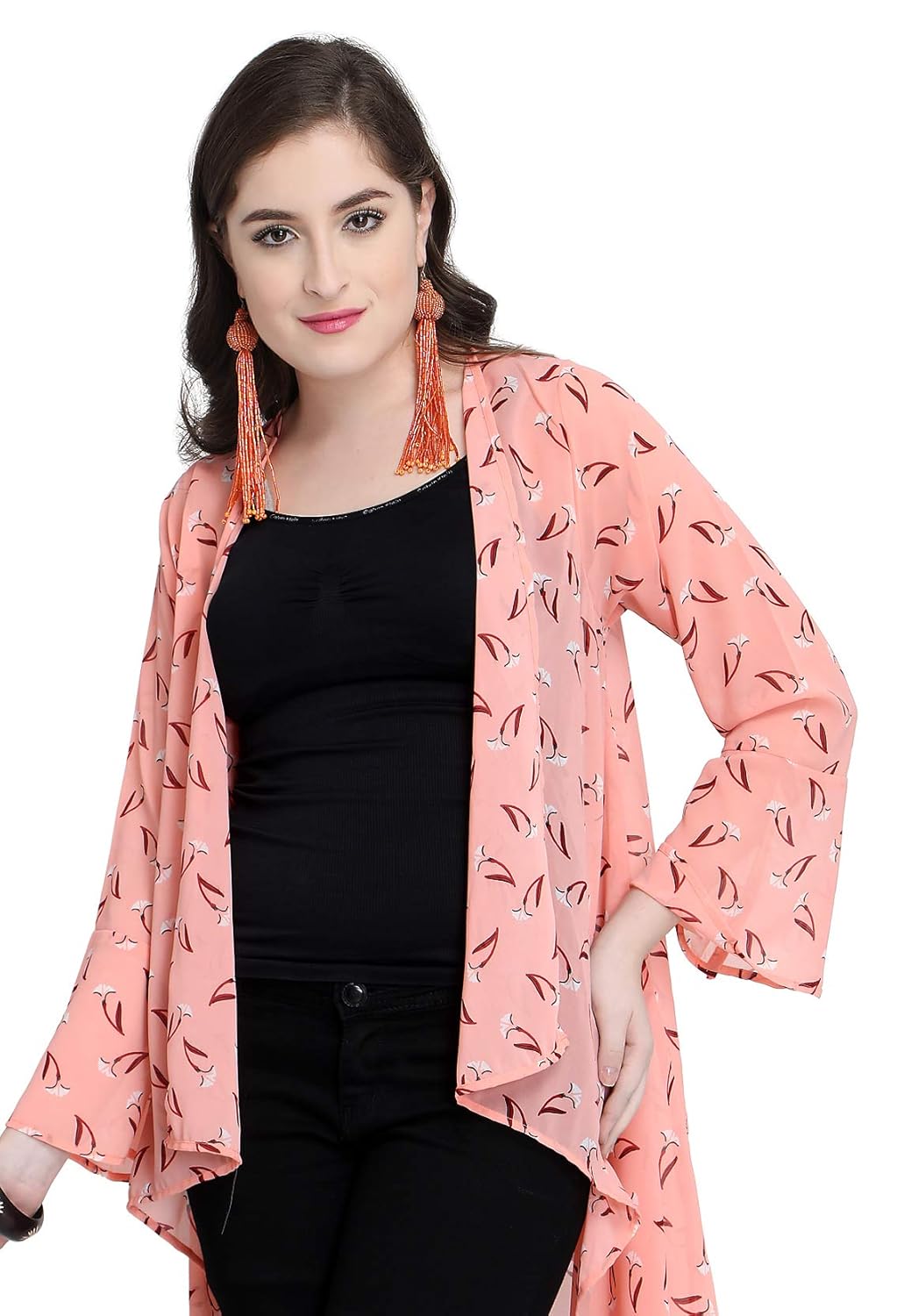serein women's pink floral print georgette long sleeve long shrug jacket