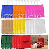Rxsdeni 120 Pieces Paper Gift Bags with Handles, 5.9"x3.15"x8.26" Small Kraft Paper Party Favor Bulk Rainbow Goodie,8 Different Senior Color Bags Multiple Uses (8 Colors)