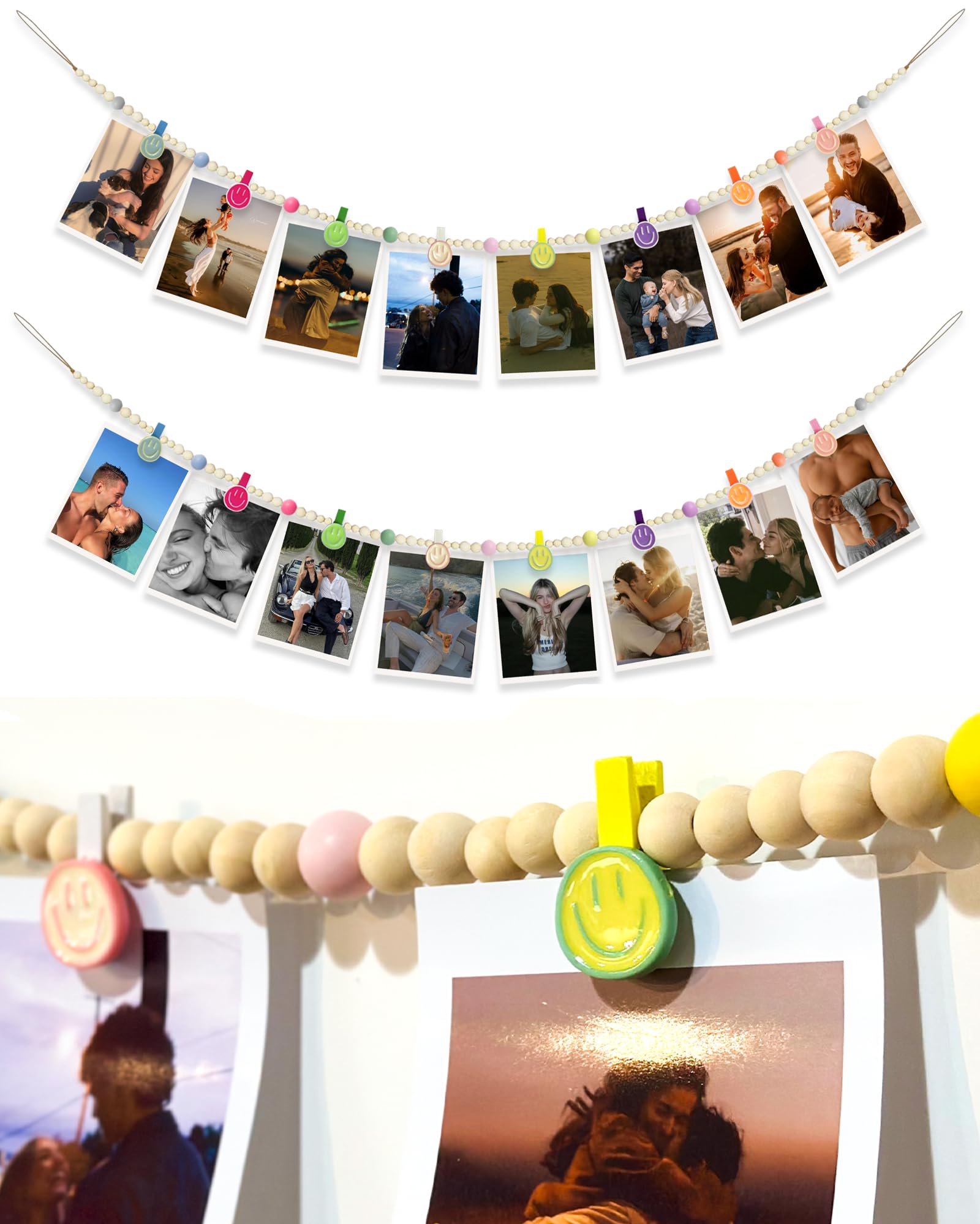 Photo 1 of DuDuBear Hanging Photo Display Wall,2 pcs photo banners,with 16 wooden smile clips, for decorating classrooms, bedrooms, living rooms, offices, and dorm rooms (2, Colorful)